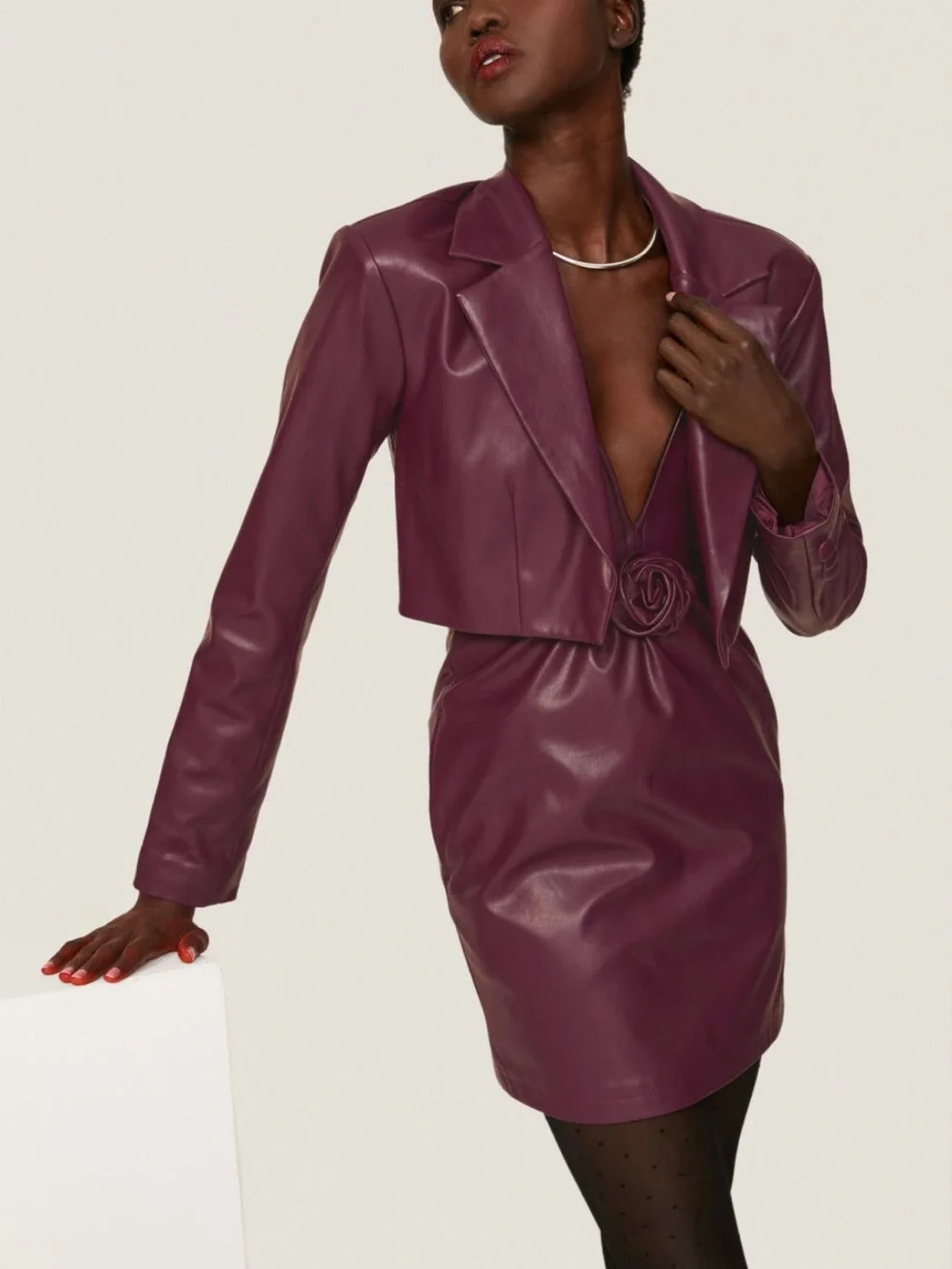 Vegan Leather crop Jacket in Plum